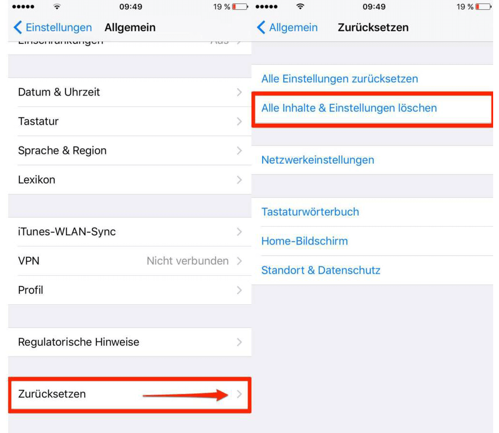 Alle Inhalte und Einstellungen auf iPhone löschen