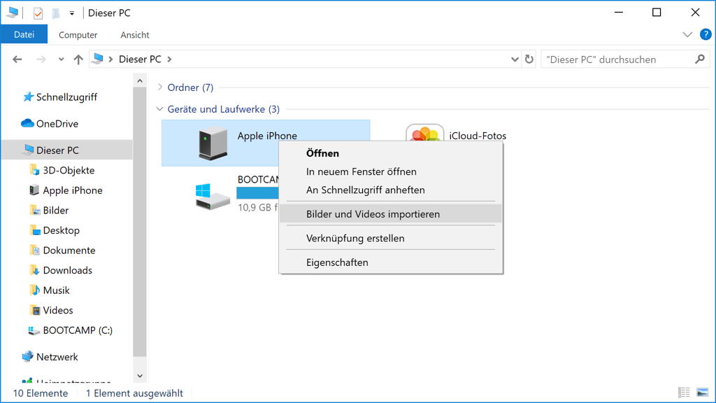 iPhone Bilder und Videos importieren Dieser PC