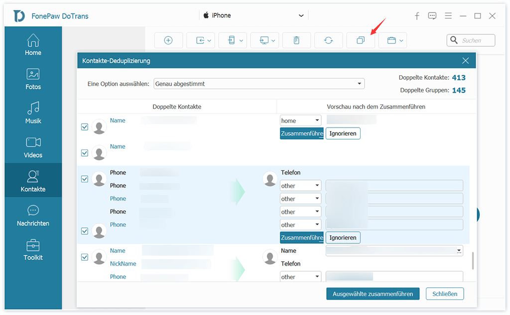 iPhone doppelte Kontakte zusammenführen