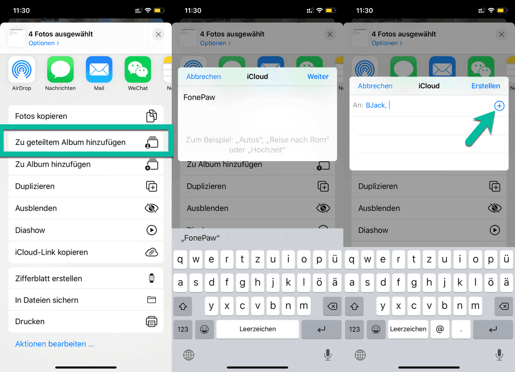 iPhone Fotos zu geteiltem Album hinzufügen