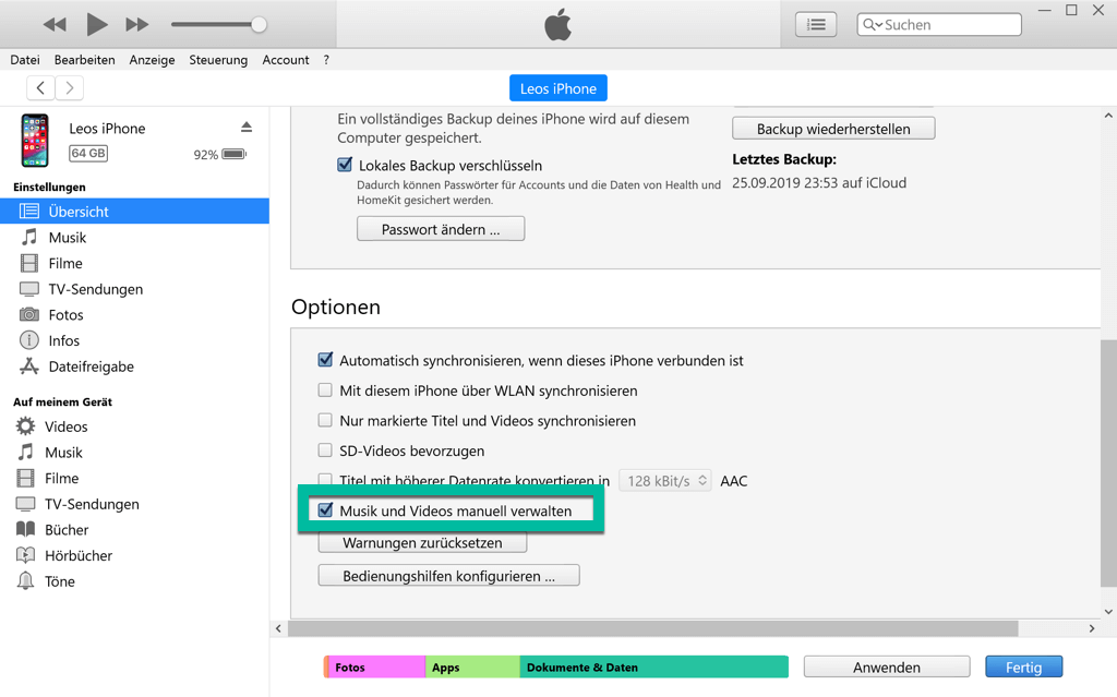 iTunes Musik und Videos manuell verwalten