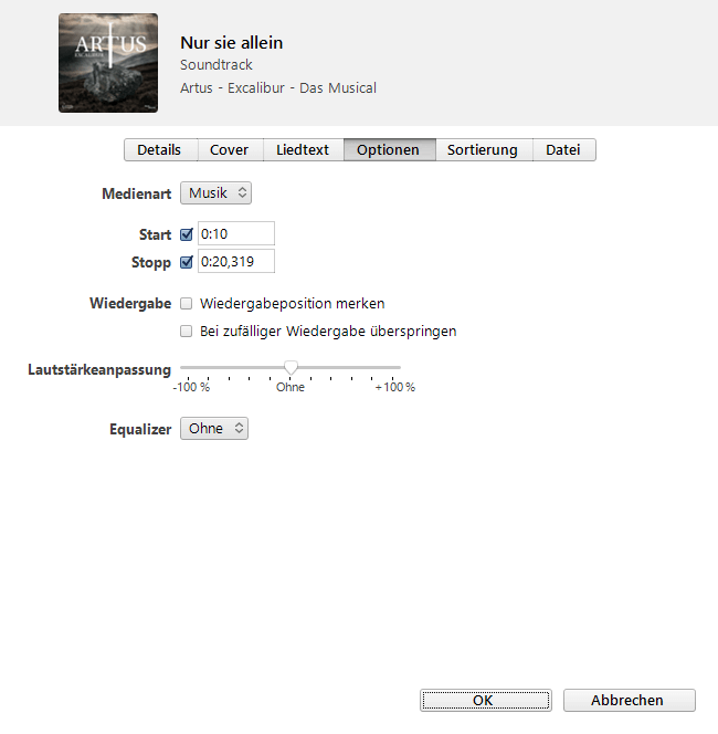 iTunes Titel Start Stopp Zeit festlegen