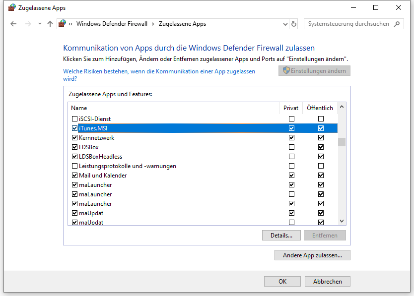 iTunes zulassen in Windows Firewall Defender