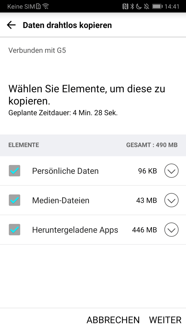 LG Mobile Switch Daten zum Kopieren auswählen