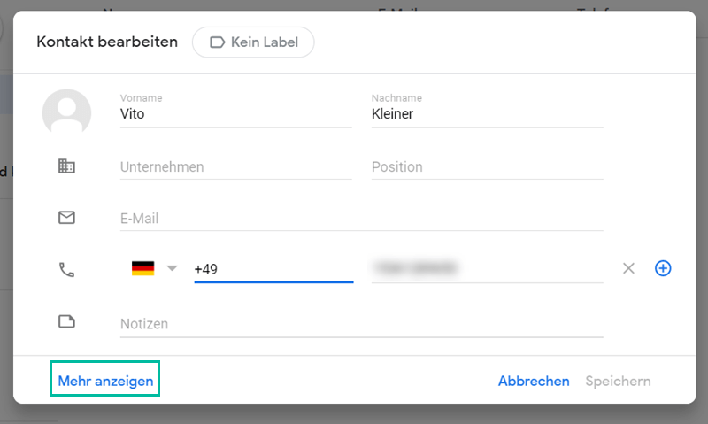 Mehr Details anzeigen Google Kontakte