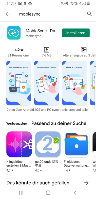 MobieSync von Google Play installieren