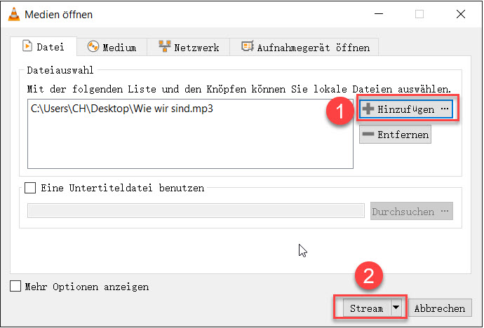 MP3 Datei in VLC hinzufügen