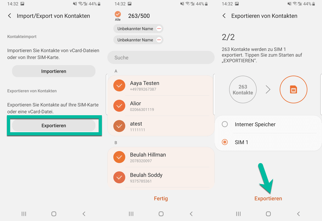Android Samsung Kontakte exportieren auf SIM