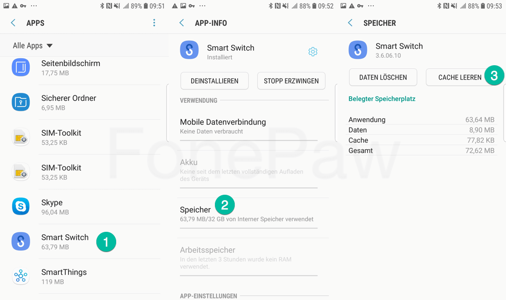Samsung Smart Switch Daten und Cache löschen