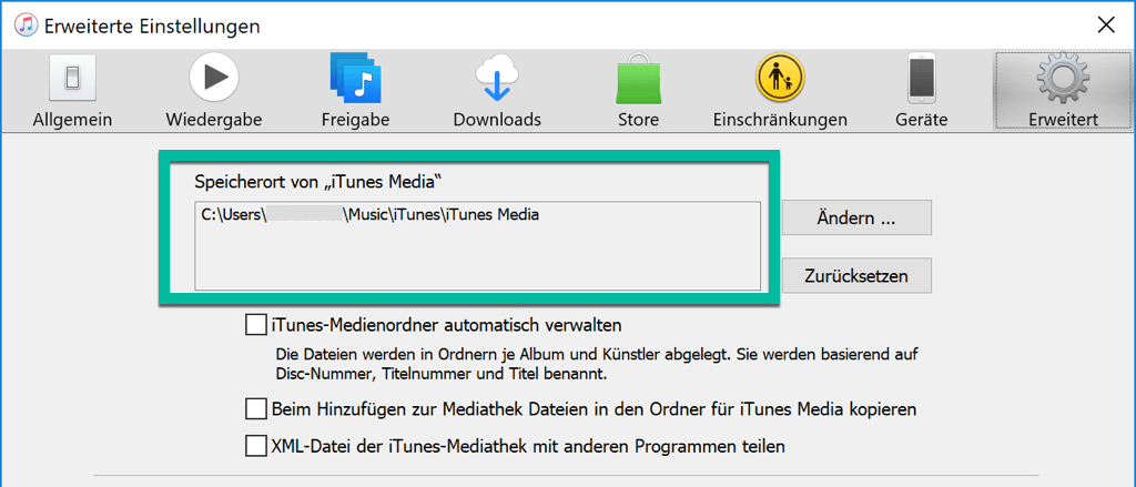 Speicherort von iTunes-Media überprüfen WIndows