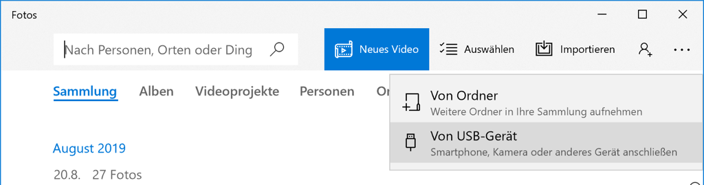 Windows Fotos App Importieren von USB-Gerät