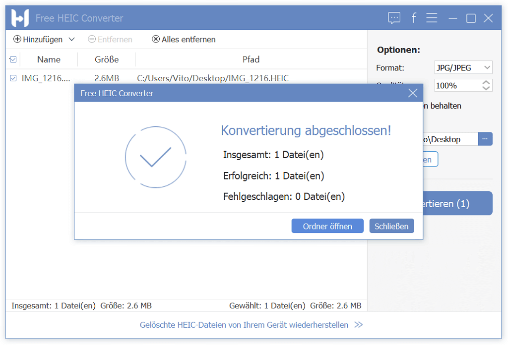HEIC in JPG konvertieren abgeschlossen