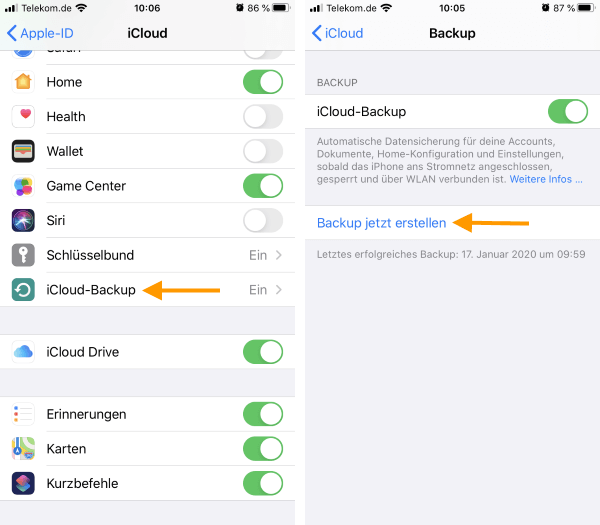 Backup jetzt erstellen iCloud