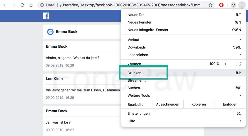 Facebook Chatverlauf drucken auf PC