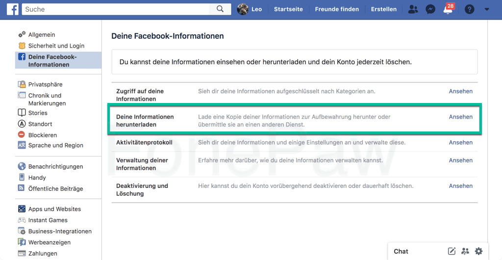 Facebook Informationen herunterladen