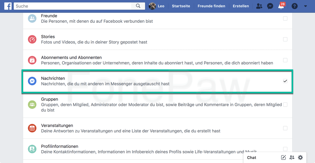 Facebook Messenger Nachrichten zum Sichern auswählen