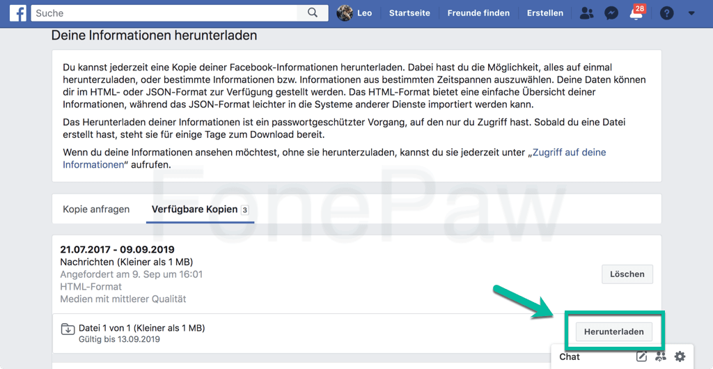 Facebook Nachrichten herunterladen