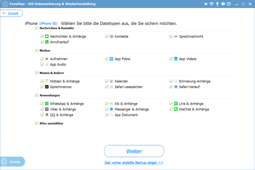 iPhone Kontakte zum Sichern auswählen