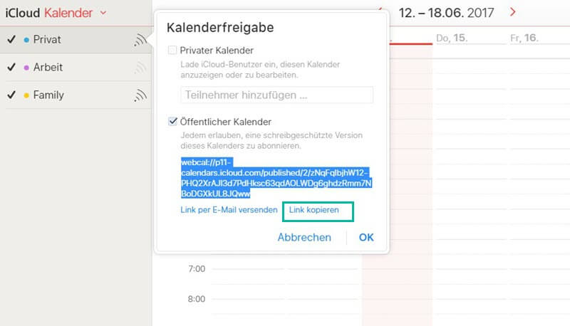 Link kopiere iCloud Kalenderfreigabe