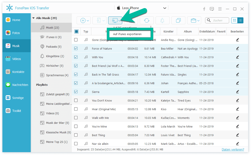 Musik vom iPhone auf iTunes exportieren