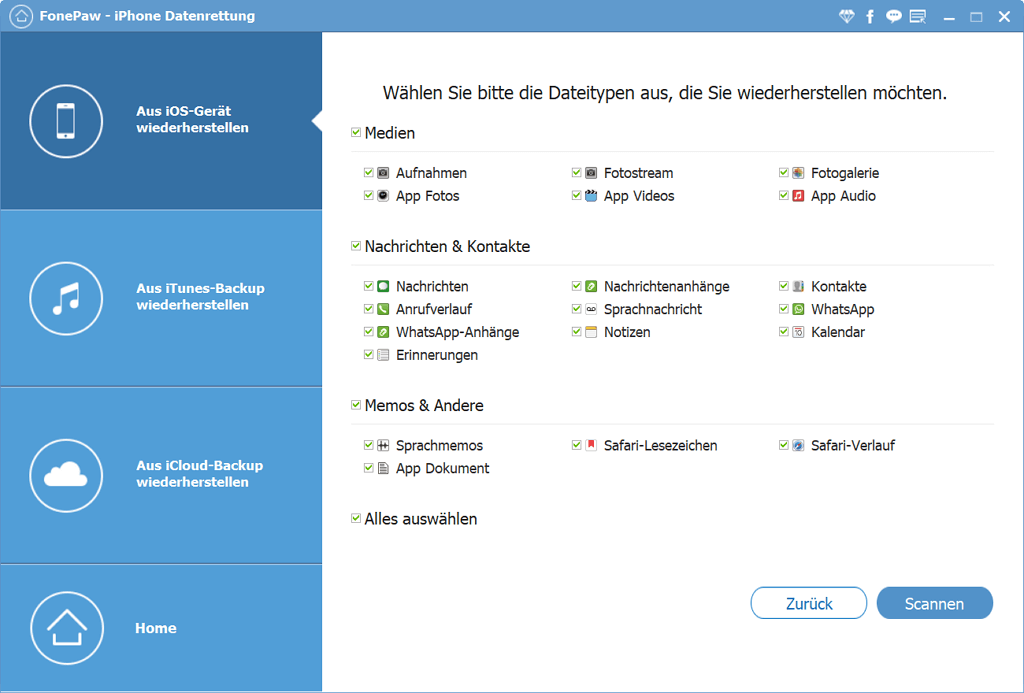 Dateitypen zum Scann auswählen