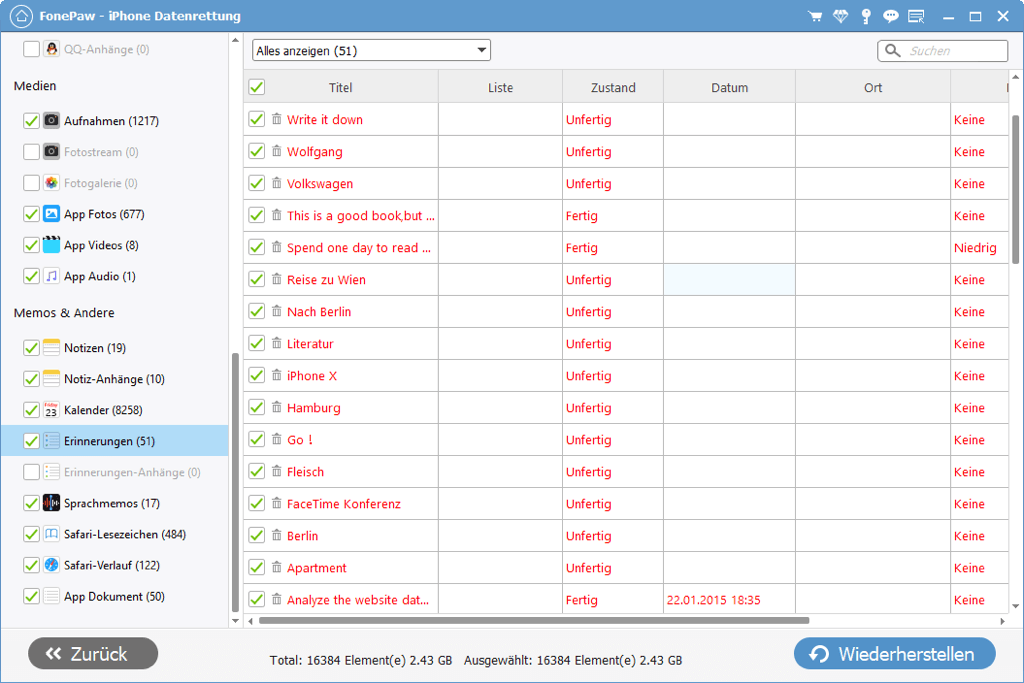 iPhone gelöschte Erinnerungen wiederherstellen