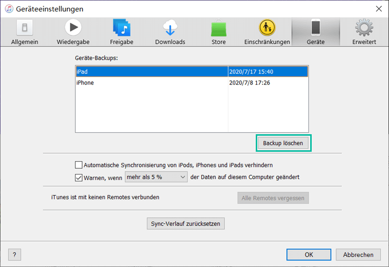 iTunes Backup löschen