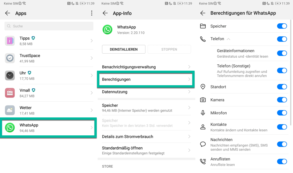 Android-WhatsApp Berechtigungen erlauben