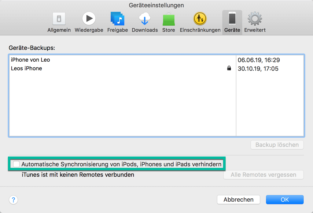 iTunes Automatische Synchronisierung verhindern