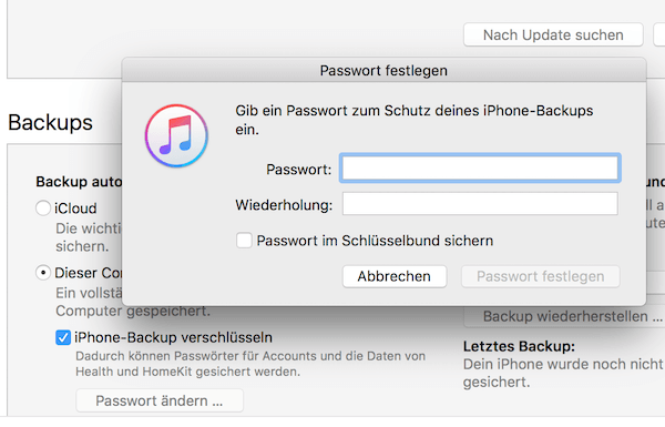 iPhone Backup Passwort festlegen