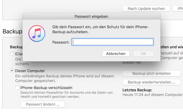 iPhone Backup verschlüsseln deaktivieren