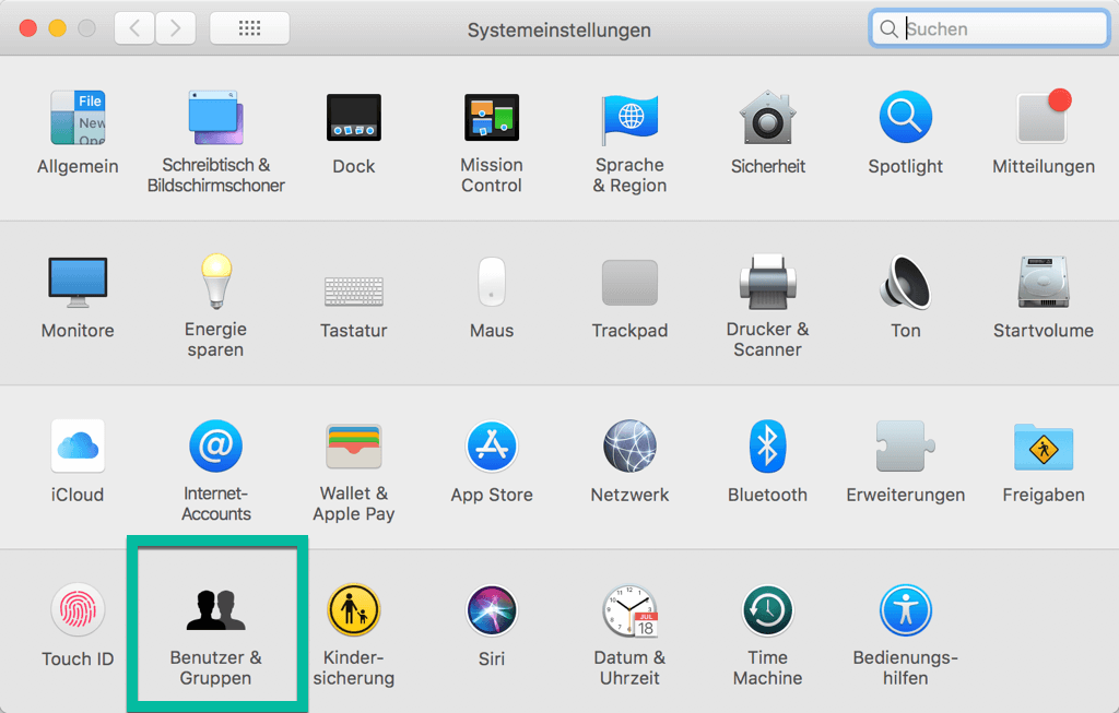 Klicken auf Benutzer und Gruppe in Mac Systemeinstellungen