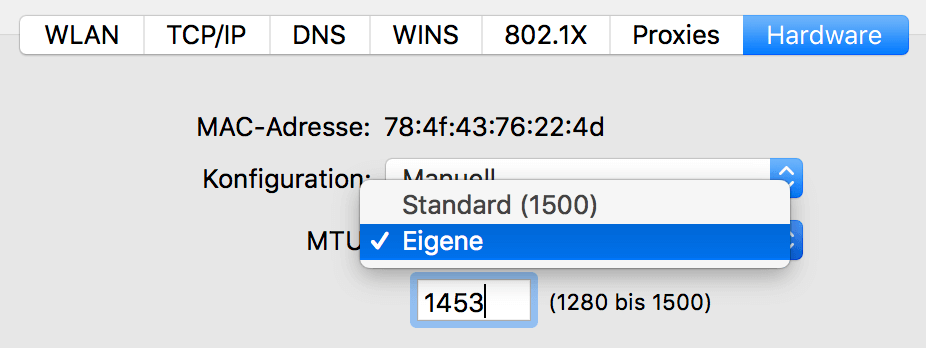 Mac WLAN Hardware MTU auf 1453 einstellen