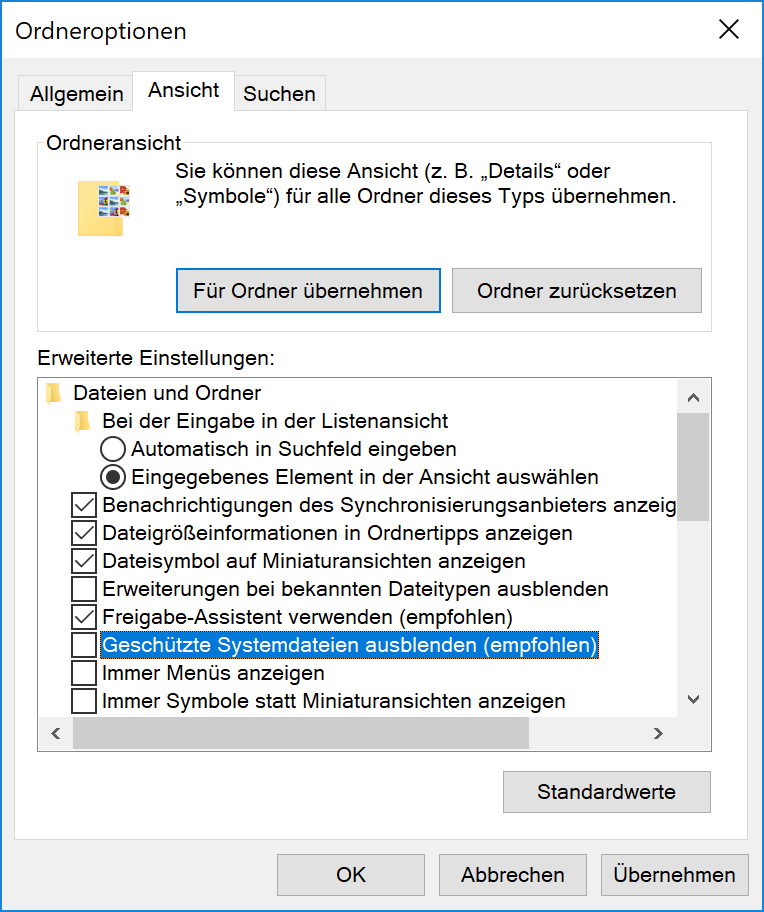 Demarkieren Geschützte Systemdateien ausblenden