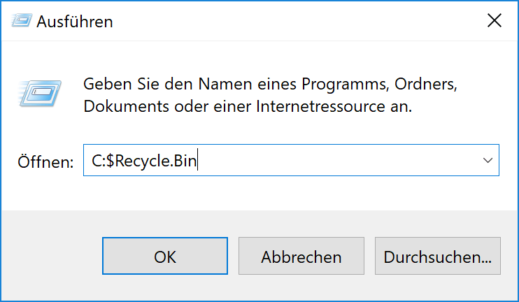 Windows 10 Papierkorb anzeigen mit Ausführen