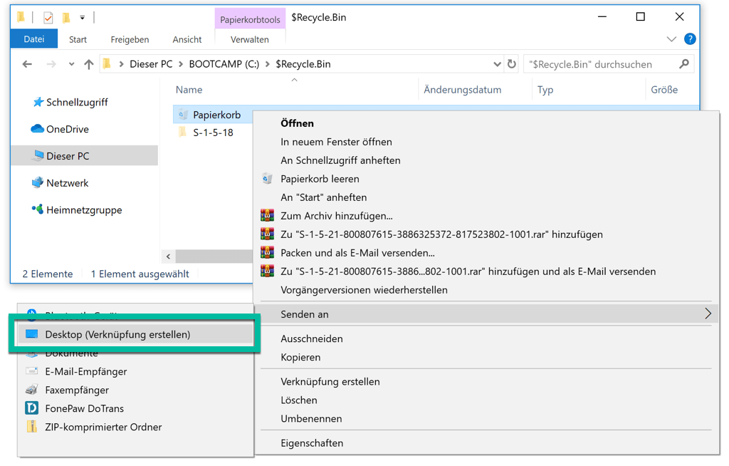 Windows 10 Papierkorb Verknüpfung erstellen