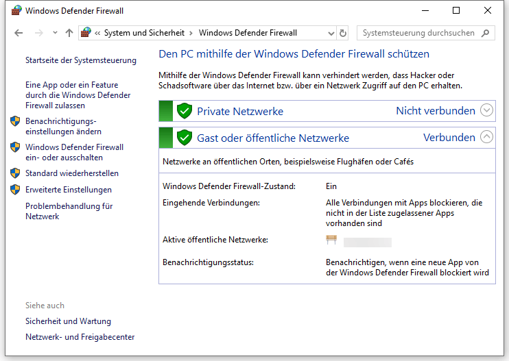 Klicken auf Windows Defender Firewall ein- oder-ausschalten