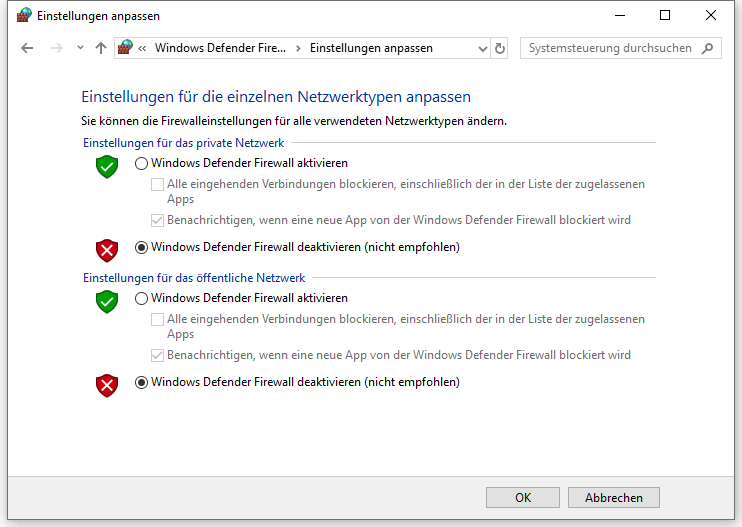 Windows Defender Firewall deaktivieren