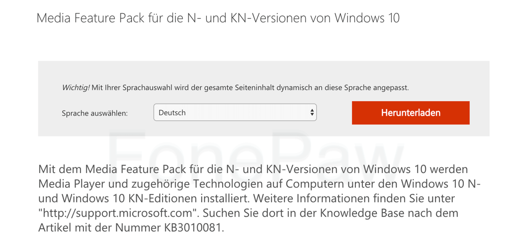 Windows Media Feature für N- und KN-Versionen downloaden