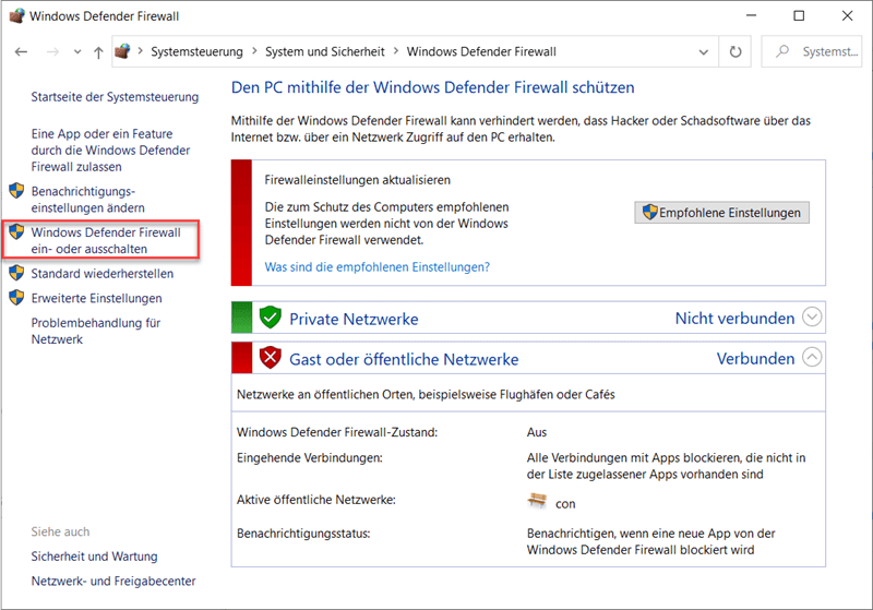 Windows Defender Firewall ein- oder ausschalten