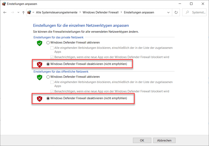 Windows Defender Firewall deaktivieren auswählen