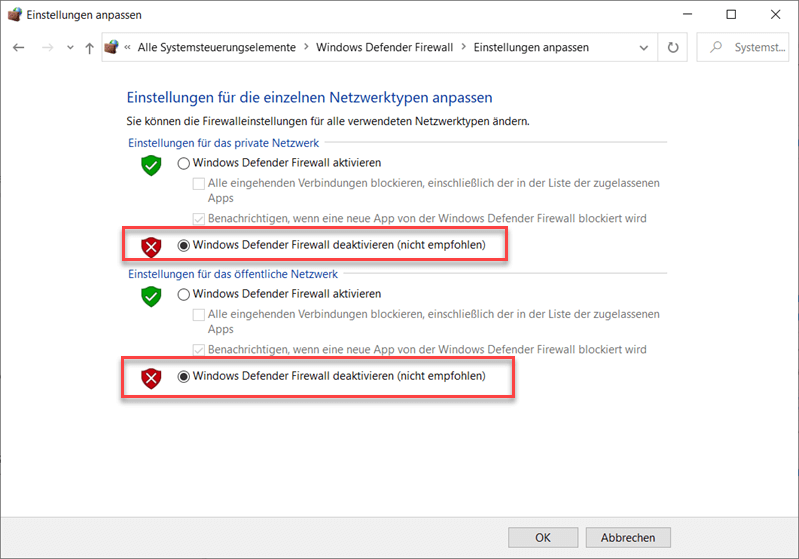 Firewall deaktivieren