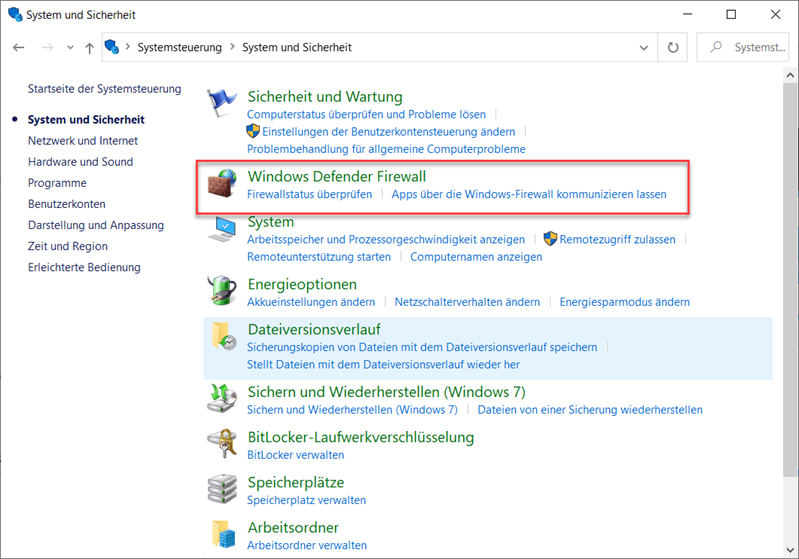 auf Windows Defender Firewall klicken