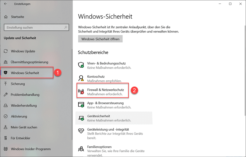 gehen zu Windows-Sicherheit und wählen Firewall & Netzwerkschutz