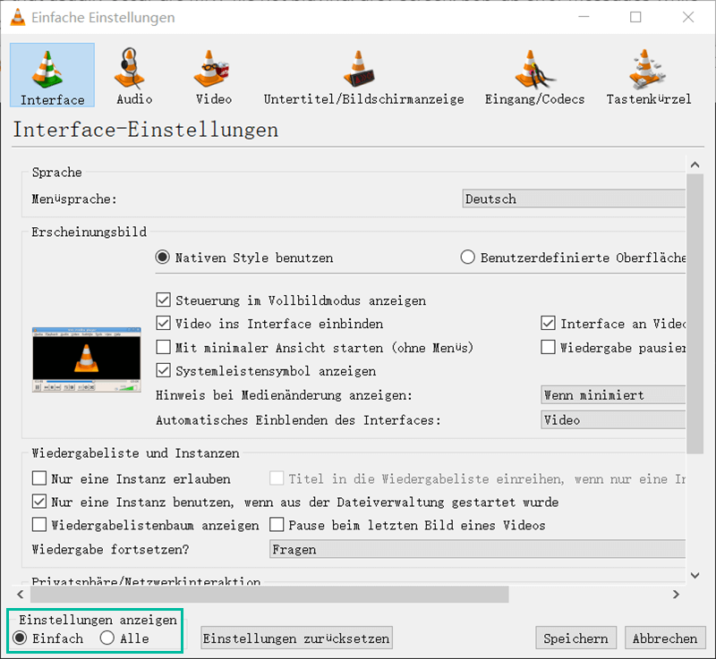 Alle Einstellungen anzeigen VLC