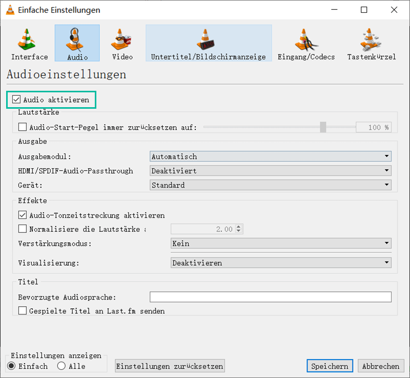 Audio aktivieren VLC Player