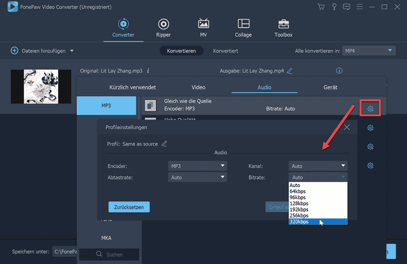 Audio Abtastrate Bitrate ändern