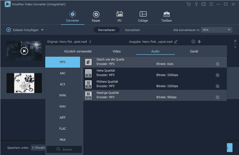 Ausgabeformat für Audio auswählen