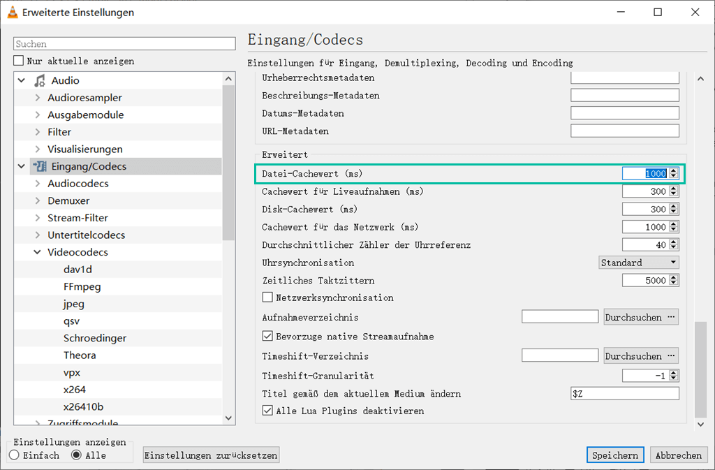 Datei-Cachewert einrichten VLC