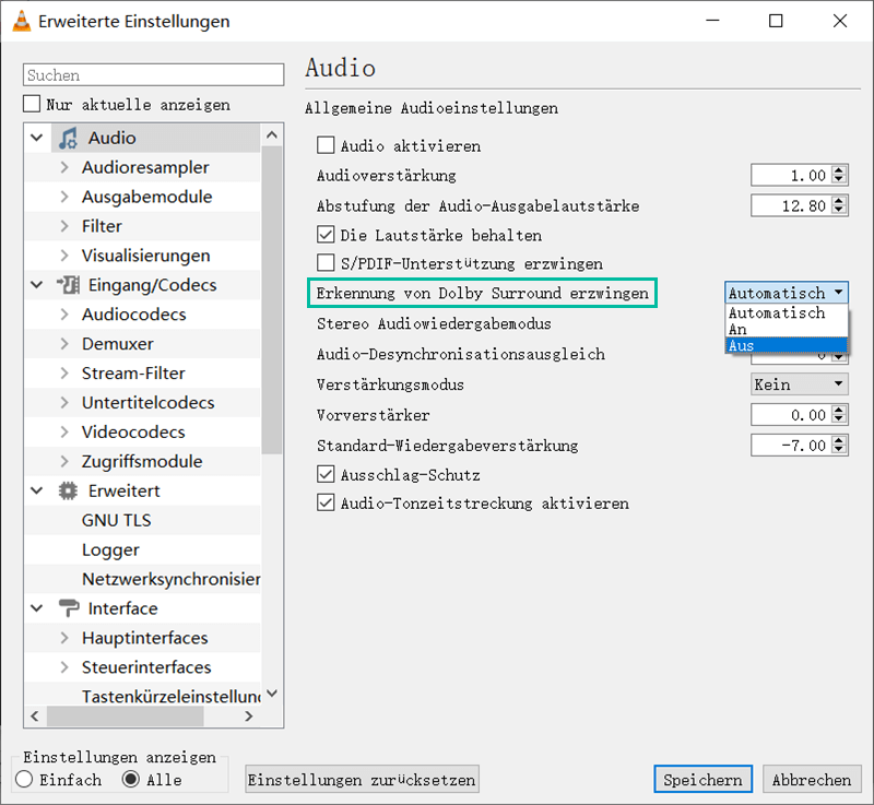  Erkennung von Dolby Surround erzwingen ausschalten VLC